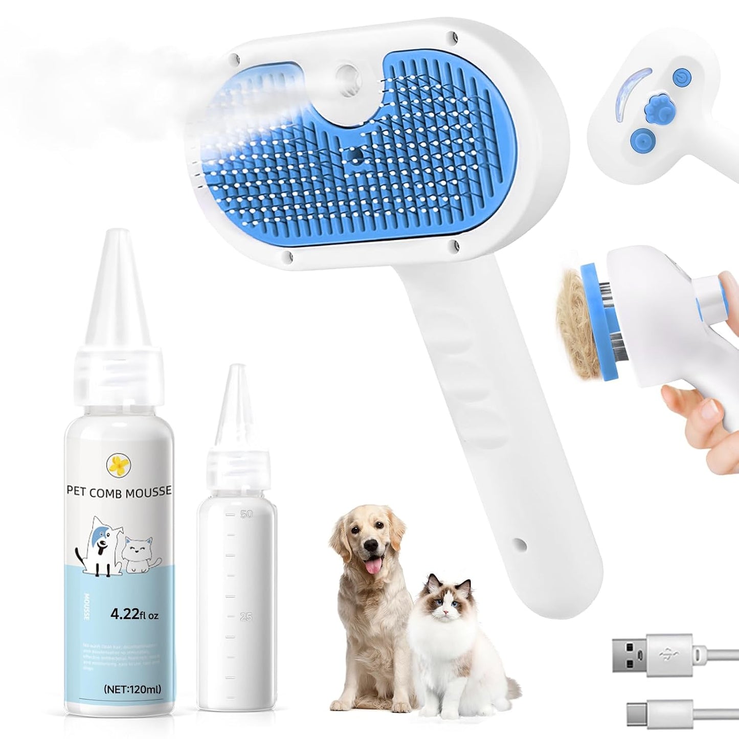 Pet Steam Brush for Dog, Cat Brushes for Indoor Cats - 1 Waterless Shampoo