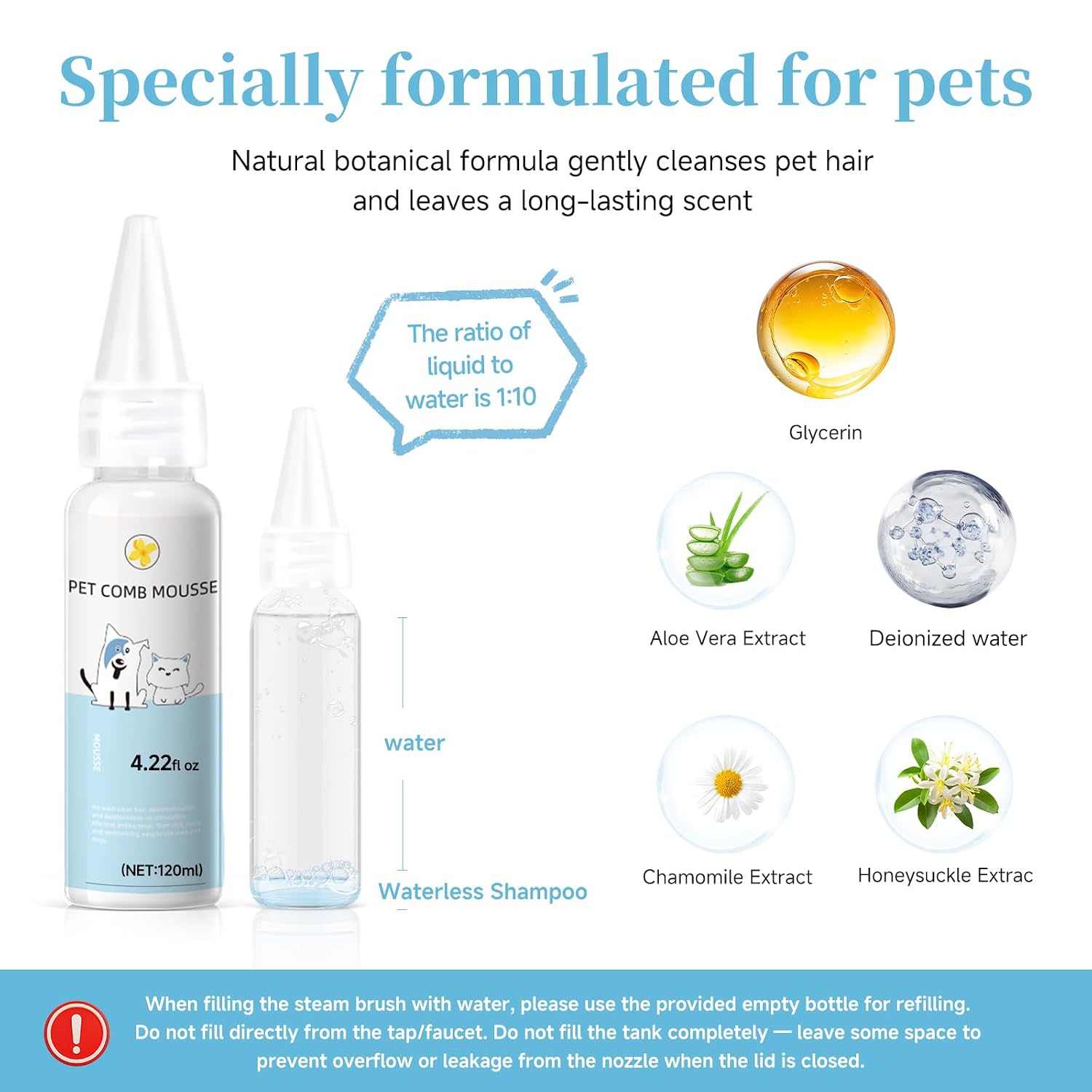 Pet Steam Brush for Dog, Cat Brushes for Indoor Cats - 1 Waterless Shampoo
