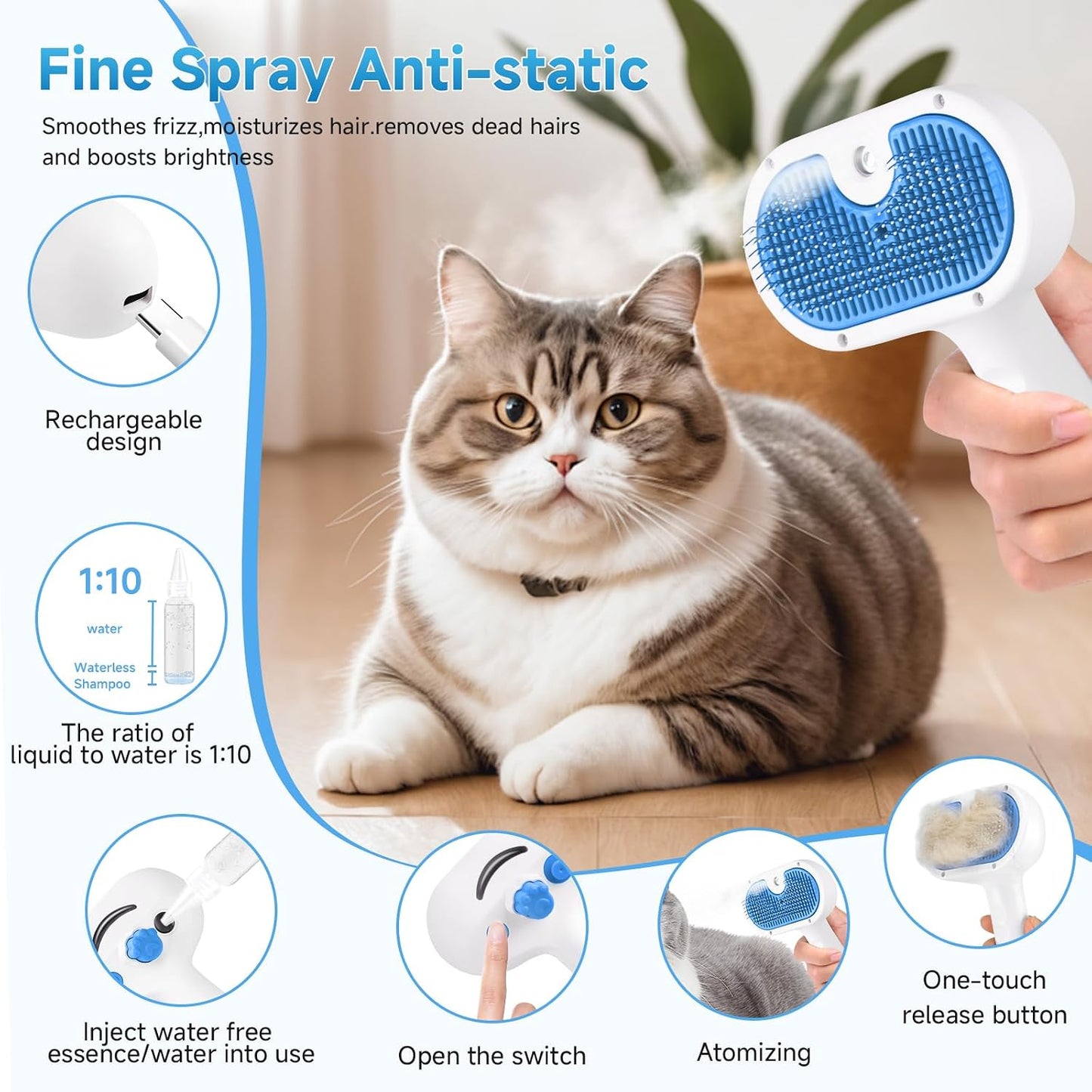 Pet Steam Brush for Dog, Cat Brushes for Indoor Cats - 1 Waterless Shampoo